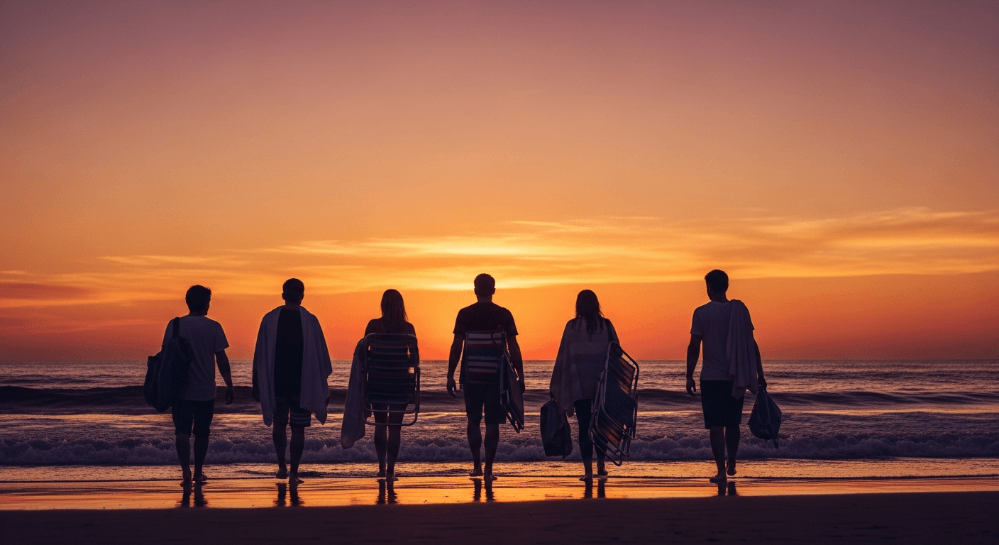 Friends walking along a beach at sunset after a perfect day